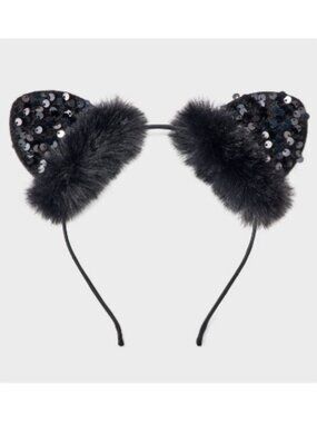 Halloween Faux Fur & Sequin Cat Ear Topper Black Headband NWT!